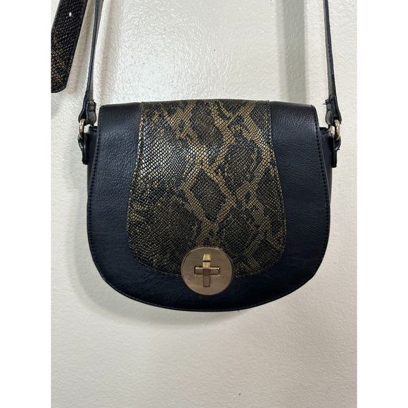 Neiman Marcus Crossbody Black and Gold Embossed Snakeskin Design Saddlebag Purse - Picture 1 of 8